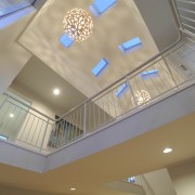 View of second story interior - View of architecture, ceiling, daylighting, daytime, glass, handrail, home, interior design, lighting, property, gray, brown