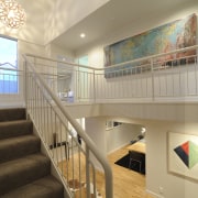 Top of second stairwell. - Top of second apartment, architecture, ceiling, daylighting, estate, floor, handrail, interior design, lobby, loft, real estate, stairs, orange, brown