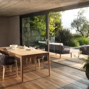 Dining table . - Dining table . - architecture, floor, furniture, house, interior design, outdoor structure, patio, property, real estate, table, window, wood, brown