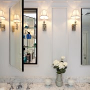 Medicine cabinets have mirrored backs and glass shelving. bathroom, ceiling, floor, home, interior design, room, window, gray