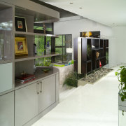 Close up view of the storage units in interior design, kitchen, white, gray