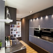 The colour of the patterned glass in this cabinetry, countertop, interior design, kitchen, living room, room, gray, black