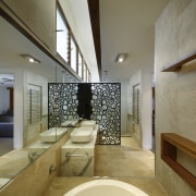 A picture of travertine tile, mirror and warm architecture, bathroom, ceiling, daylighting, estate, floor, flooring, home, interior design, property, real estate, room, brown, gray