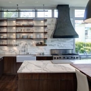 Open shelving, translucent sliding panels, marble surfaces and cabinetry, countertop, cuisine classique, interior design, kitchen, gray