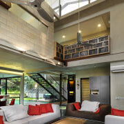 A double-height volume and exposed concrete formwork house architecture, ceiling, daylighting, interior design, living room, lobby, real estate, brown