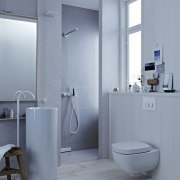 Seen here are the inwall cisterns from Geberit. bathroom, bathroom accessory, bathroom cabinet, bidet, floor, interior design, plumbing fixture, product design, room, tap, toilet, toilet seat, gray