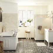 The parkfield design is equally well suited to bathroom, bathroom accessory, bathroom cabinet, floor, home, interior design, room, sink, tile, white