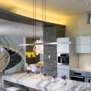 A close up view of a kitchen designed architecture, ceiling, countertop, home, interior design, kitchen, living room, room, gray