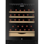 Seen here is a Transtherm/Vintec wine refrigerator. product design, black, white