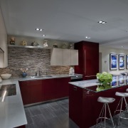 Contemporary kitchen with red cabinetry - Contemporary kitchen architecture, ceiling, countertop, interior design, kitchen, real estate, room, gray