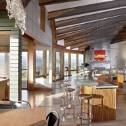 A view kitchen and dining areas designed by interior design, lobby, real estate, restaurant, brown, gray