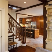 Stairwell view of a Traditional Kitchen The Wooden ceiling, floor, flooring, hardwood, interior design, stairs, wood, wood flooring, orange, brown