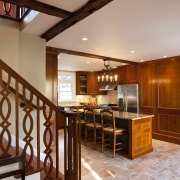 Stairwell view of a Traditional Kitchen The Wooden ceiling, floor, flooring, hardwood, interior design, kitchen, living room, wood, wood flooring, orange, brown