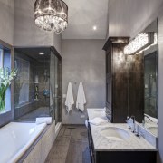 Narrow bathroom, glass shower and carera marble - architecture, bathroom, ceiling, countertop, daylighting, estate, house, interior design, gray