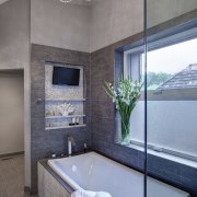 Charcoal grey porcelain tiles  lined with Carera architecture, bathroom, ceiling, daylighting, estate, floor, home, interior design, room, window, gray