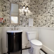 powder room aesthetic with touches of vibrancy and bathroom, ceramic, floor, flooring, home, interior design, plumbing fixture, room, sink, tile, wall, gray