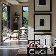 Interior by designer Garth Barnett with coffered ceilings coffee table, dining room, floor, furniture, home, interior design, living room, room, table, window, gray, black