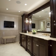 A large mirror doubles the apparent size of cabinetry, ceiling, countertop, cuisine classique, floor, flooring, home, interior design, kitchen, room, gray