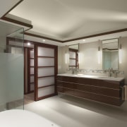 cabinetry in this remodeled bathroom  is done bathroom, interior design, real estate, room, gray, brown