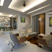 White walls and a matching porcelain-tiled floor enhance ceiling, interior design, living room, lobby, real estate, gray