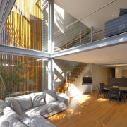 A glazed, three-storey atrium fills this home with apartment, architecture, ceiling, daylighting, estate, floor, handrail, home, house, interior design, living room, loft, penthouse apartment, real estate, stairs, window, wood, gray, brown