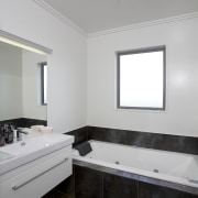 Palliside and Stoanz systems set off Stonewood home architecture, bathroom, daylighting, floor, home, interior design, real estate, room, sink, tile, gray