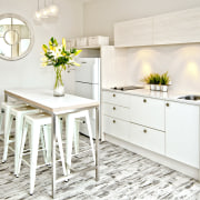 Soft neutrals and whites feature in the living countertop, cuisine classique, floor, flooring, furniture, home, interior design, kitchen, product design, table, white