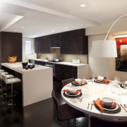 Contemporary apartment interiors dont have to be crisp, ceiling, countertop, dining room, interior design, kitchen, gray, black