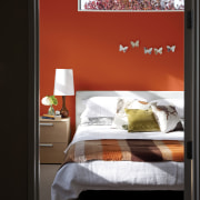 You can replicate the feature wall with Resene bed, bed frame, bedroom, furniture, home, interior design, room, window, black