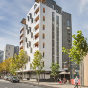 The first timber high-rise in Australia  Forté apartment, architecture, building, city, commercial building, condominium, corporate headquarters, daytime, elevation, facade, home, house, metropolis, metropolitan area, mixed use, neighbourhood, property, real estate, residential area, sky, tower block, urban area, gray, teal