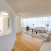 The open-plan living spaces in this new penthouse apartment, architecture, ceiling, daylighting, estate, floor, flooring, house, interior design, living room, property, real estate, room, wood flooring, gray