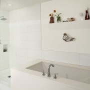 Furniture and art in a mix of colors, bathroom, bathroom accessory, bathroom cabinet, interior design, plumbing fixture, product design, room, sink, tap, wall, gray, white