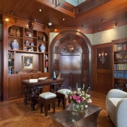 Once inside this hidden tower retreat within a ceiling, dining room, home, interior design, living room, lobby, room, brown