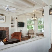 Substantial ceiling beams and cross braces, delicate inset ceiling, estate, home, house, interior design, living room, property, real estate, room, window, gray