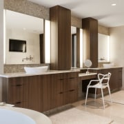 Cantilevered walnut vanity cabinets feature in this master bathroom, bathroom accessory, cabinetry, countertop, cuisine classique, floor, interior design, kitchen, room, sink, gray, brown