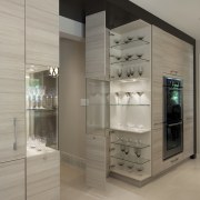 Symmetrical corner cabinets with L-shaped doors and special cabinetry, display case, home appliance, interior design, gray