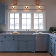 Exposed rafters, rough-hewn paneling with off-white stain, and cabinetry, countertop, cuisine classique, home, interior design, kitchen, room, sink, window, gray