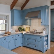 Exposed rafters, rough-hewn paneling with off-white stain, and cabinetry, countertop, cuisine classique, home, interior design, kitchen, room, window, gray, teal