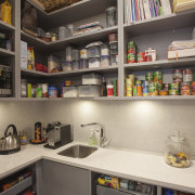 Old meets new  this traditional bungalow was food storage, kitchen organizer, pantry, product, shelf, shelving, gray, black