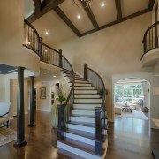 formerluy a dark and rather uninviting space, the architecture, ceiling, daylighting, estate, floor, flooring, handrail, hardwood, home, house, interior design, living room, lobby, real estate, stairs, wall, wood, wood flooring, brown