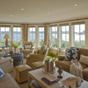 A band of windows optimises solar penetration and estate, home, interior design, living room, property, real estate, room, window, brown, gray