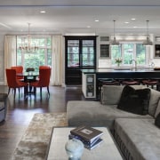 This Mick De Giulio  kitchen responds to floor, flooring, interior design, living room, real estate, room, gray