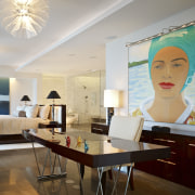 This open-plan master suite, which includes an office, ceiling, design, furniture, home, interior design, living room, room, table, wall, gray, brown