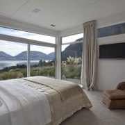 Bedroom in transparent contemporary new home optimises views bedroom, ceiling, estate, home, interior design, property, real estate, room, window, window covering, window treatment, gray