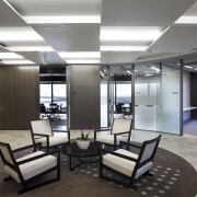 The ANZ Centre refurbishment was undertaken by Warren ceiling, floor, interior design, lobby, office, gray, black