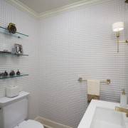 Brown-toned Lite Emperador marble floor tiles were laid bathroom, bathroom accessory, ceiling, daylighting, floor, home, house, interior design, plumbing fixture, room, sink, tap, tile, wall, gray