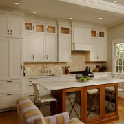 In this new kitchen in an 1880s home, cabinetry, countertop, cuisine classique, hardwood, home, interior design, kitchen, room, window, wood flooring, brown, orange