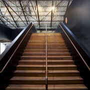 Quantity surveyor Maltbys work on Shed 10 - architecture, building, daylighting, escalator, handrail, line, stairs, structure, symmetry, wood, red