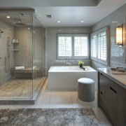 The tranquil ambiance of this master bedroom and bathroom, countertop, home, interior design, real estate, room, gray