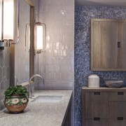 The tranquil ambiance of this master bedroom and bathroom, cabinetry, ceiling, countertop, floor, home, interior design, room, sink, tile, gray